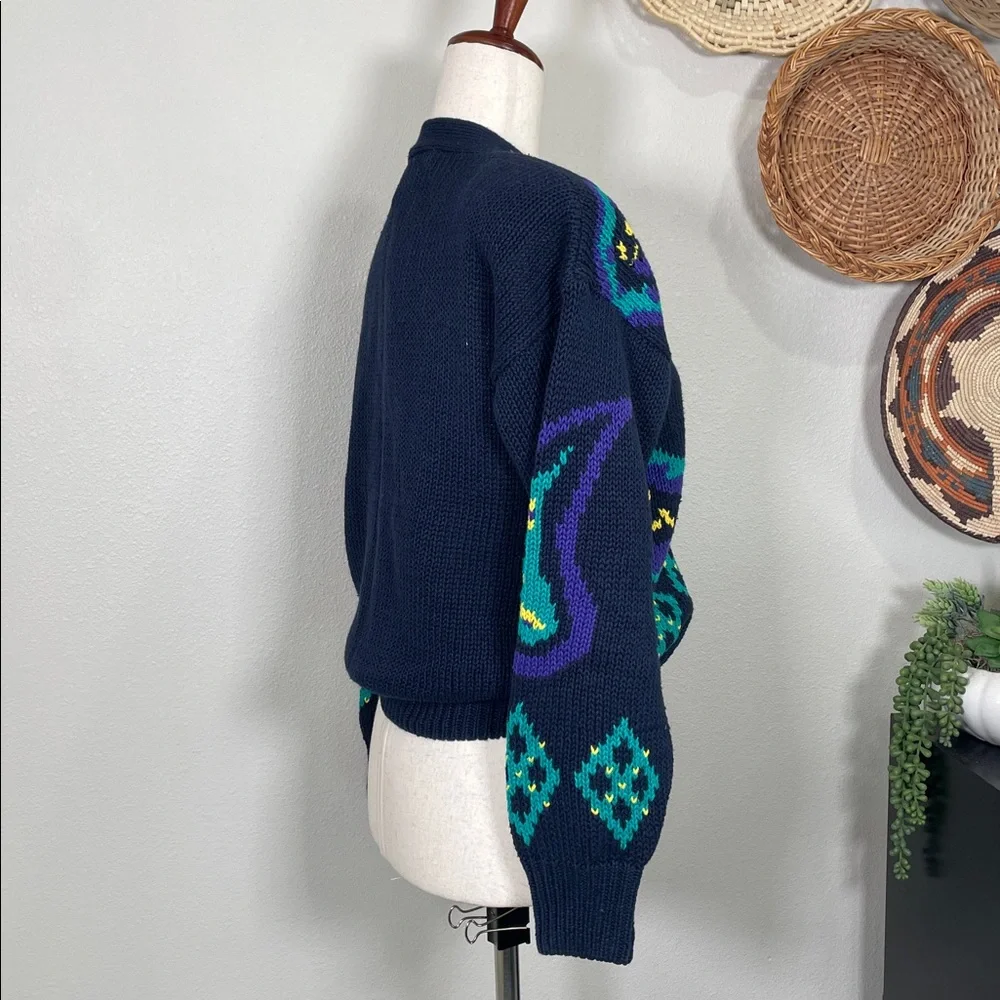 Vintage 90’s V-Neck Sweater Button up Cardigan Navy Teal Purple Size Small - Picture 3 of 15